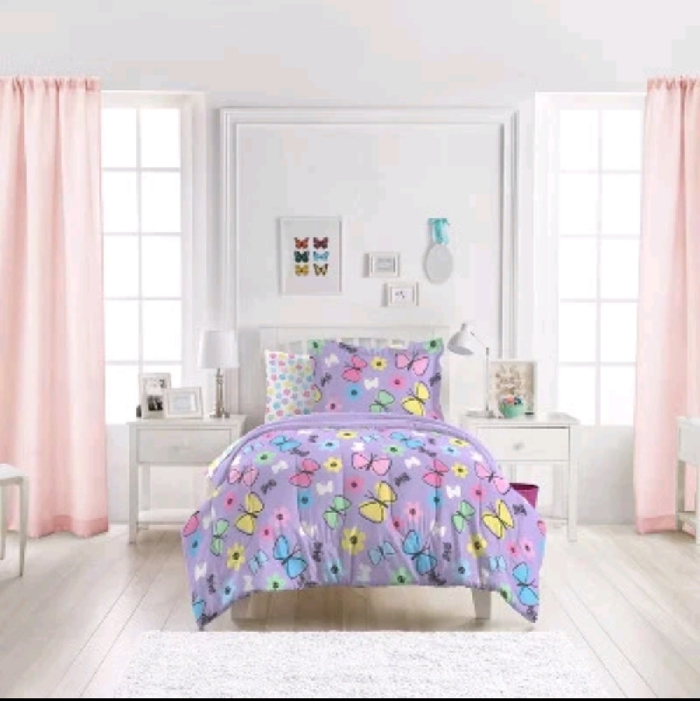 7pc Full/Queen Reversible Sweet Butterfly Mini Kids' Bed in a Bag Purple/Blue